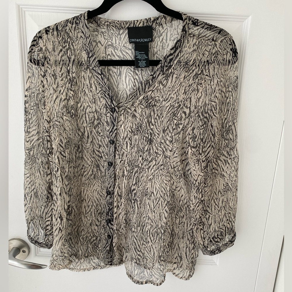 Cynthia Rowley Black White Abstract Print Silk Button Corporate Blouse Small
